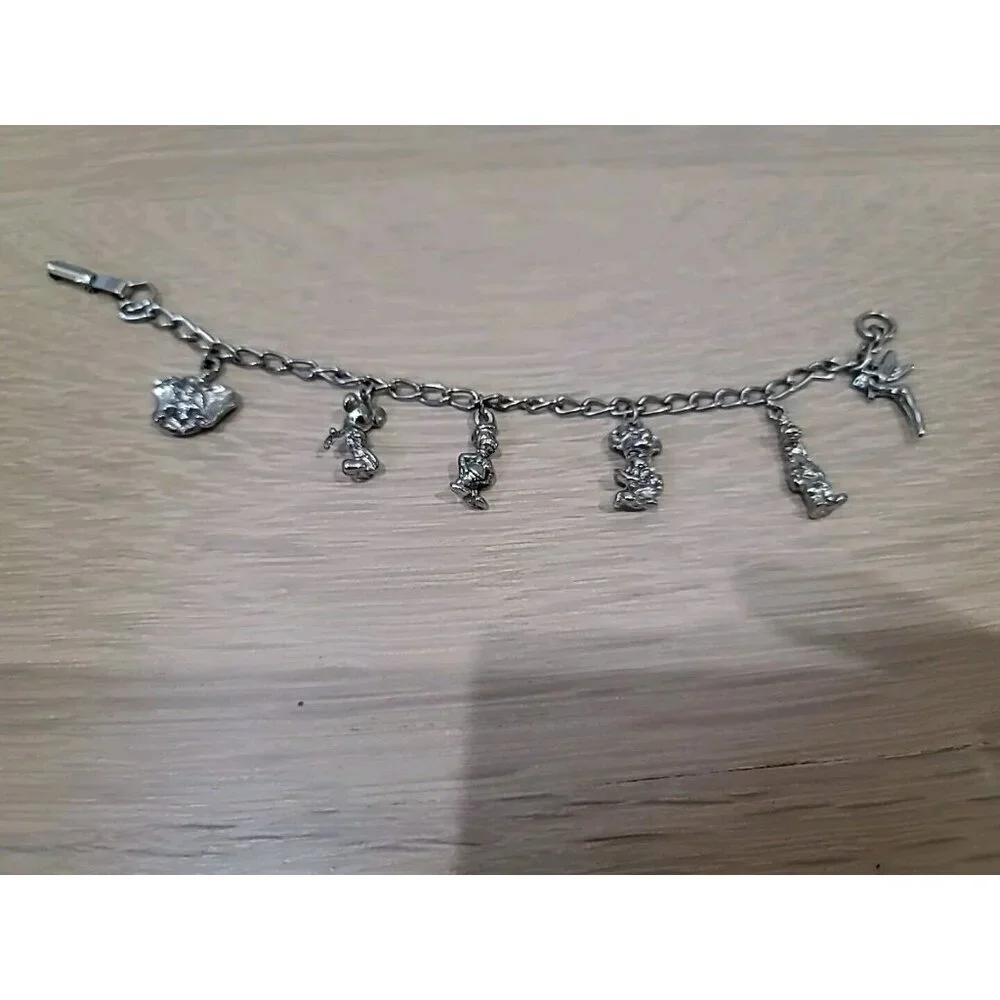 Charm Bracelet Vtg Walt Disney Characters 1990’s Silver Tone Dumbo Tink Mickey‎